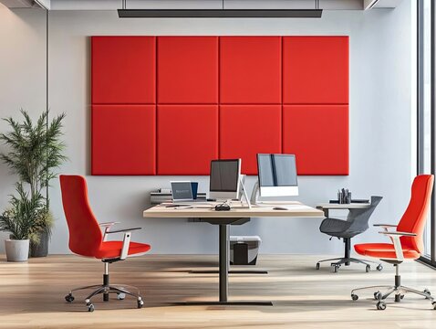 Modern office space with red panel wall and ergonomic chairs for productivity