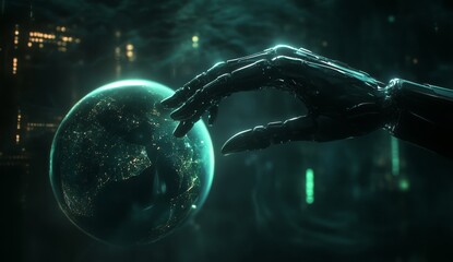 Robotic hand touches Earth, futuristic city backdrop, AI control