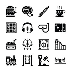 A collection of simple, colorful, outline icons representing various leisure activities.