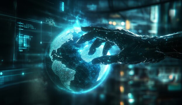 Robotic hand touches digital globe; futuristic control room