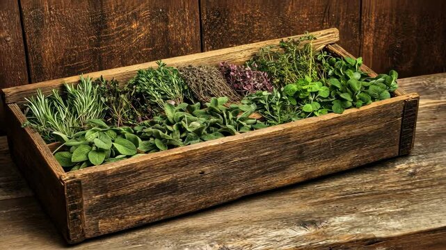 Medicinal herbs in a wooden box.Herbal medicine concept