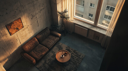 Cozy loft interior with leather sofa, coffee table, textured walls, large window, and warm sunlight creating a serene atmosphere