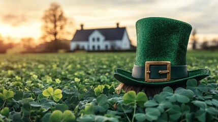 A festive green hat peeks from a field of shamrocks, a charming St. Patrick's Day scene.