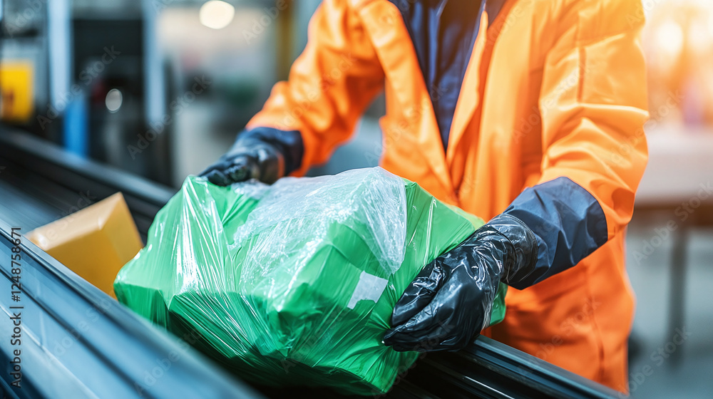 Poster a worker in protective gear is processing packages at a distribution center, ensuring safe handling 