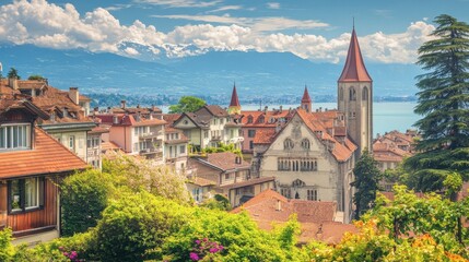 Obraz premium Scenic View of European Village Overlooking Lake with Mountains