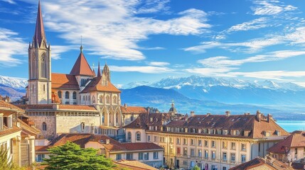 Obraz premium Stunning View of Historic City with Mountains and Blue Sky