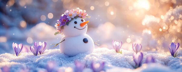Obraz premium A little snowman standing with the crocuses blooming around him under the spring sunlight. First flowers in springtime.