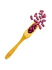 Raw red bean in wooden spoon isolated on white background, Top view. Flat lay.