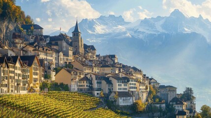 Obraz premium Charming Village with Mountains and Vineyards in Autumn Light