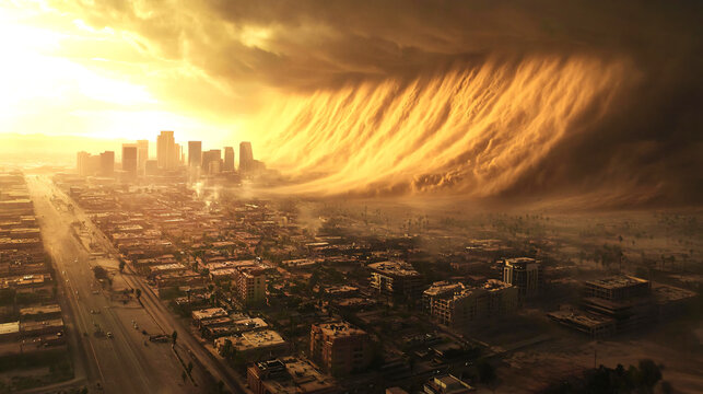 natural disaster , Sandstorm Swallowing a Desert City , Thick clouds of sand engulfing a city on the edge of the desert,Generative ai