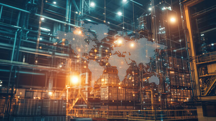 Global Network in Industrial Setting: A futuristic image blending global connectivity with a complex industrial backdrop, representing worldwide industry.