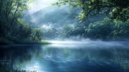Obraz premium Misty river sunrise, lush forest, peaceful scene, nature backdrop