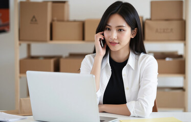businesswoman with medium black hair in a modern office, coordinating logistics over the phone while reviewing shipping schedules and inventory updates on her laptop