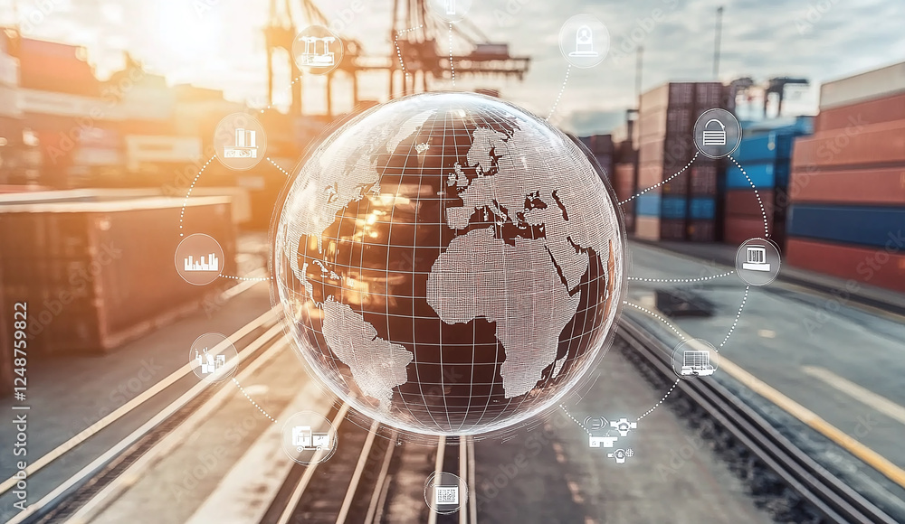 Poster global logistics network connects the world through shipping. a network of supply chain technology i