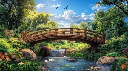 Peaceful Japanese Garden Bridge, Sunny Day, Waterfalls, Birds, Relaxing Scene, Stock Photo