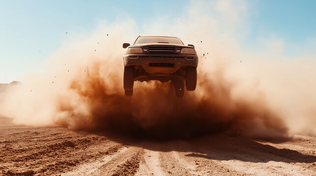 4x4 off-road car jumping in Desert racing. extreme sports adventure