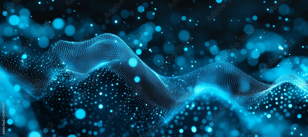 Poster abstract wave of aqua blue particles and glowing dots, dynamic flow of digital data visualization