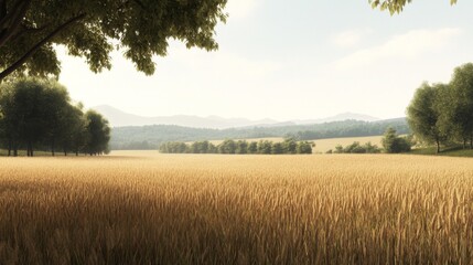 Fototapeta premium Golden wheat field, tranquil valley, summer day, background mountains, idyllic rural scene