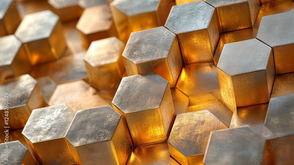 Poster golden textured hexagon pattern creates a three dimensional arrangement