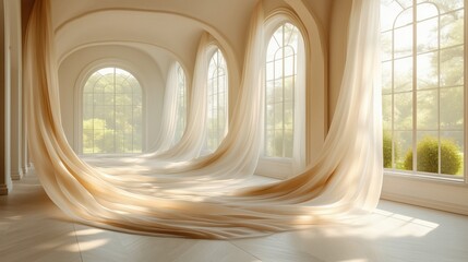 Elegant, flowing curtains cascade from tall arched windows in a sunlit hallway, creating a serene and ethereal atmosphere with soft natural light enhancing the tranquil setting