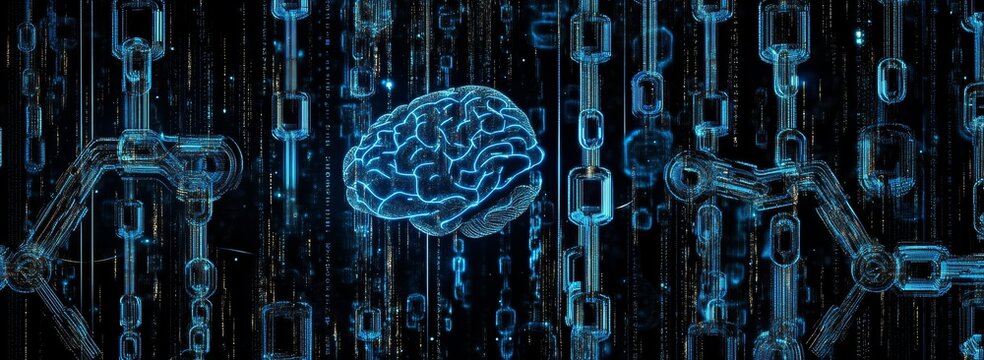 Digital Brain, Chain Links, Data Stream, Cyber Background, AI Concept