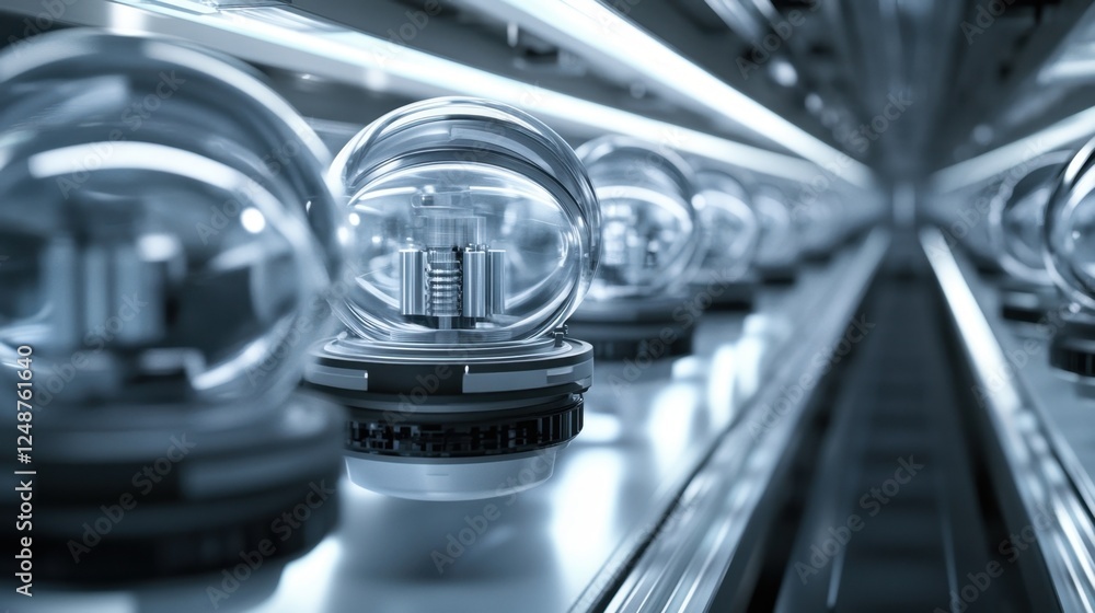 Poster rows of glass spheres containing complex mechanisms process data in a futuristic quantum computing s