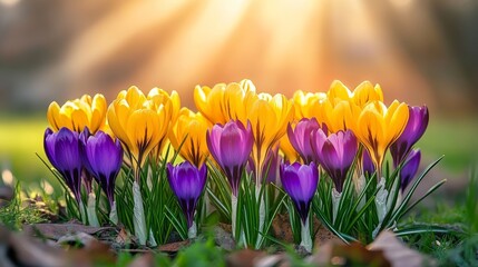 Fototapeta premium Golden Hour Crocuses A Vibrant Display of Yellow and Purple Crocuses in the Soft Morning Sunlight