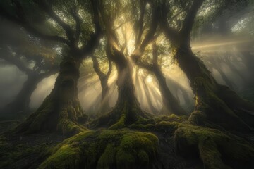 mystical ancient forest at dawn, rays of golden light piercing through dense morning mist, towering redwoods with moss-covered trunks