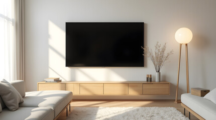 Modern Living Room Interior with Large Screen TV, Minimalist Design, Natural Light, and Neutral Color Palette for Home Entertainment