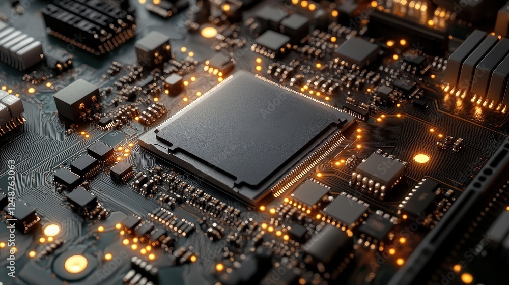Poster close-up of a cpu on a circuit board, glowing components, technology background, for tech articles