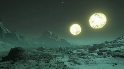 Otherworldly Duo: An Alien Landscape with Twin Glowing Moons