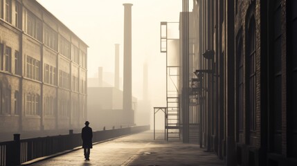 Man walks foggy industrial city street, sunrise