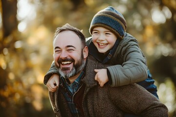 Photo of a happy father piggybacking his son, both laughing in the park on a sunny day