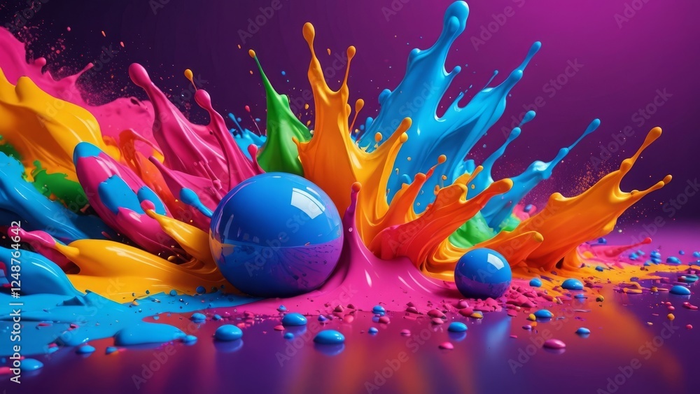 Poster dynamic splash of vibrant colors with glossy spheres in a lively abstract scene