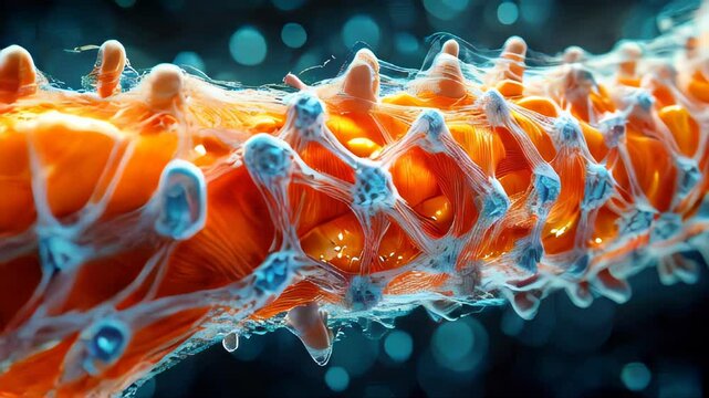Close-up of human muscle fibers under a microscope, highlighting intricate tissue structure and fibrous connections