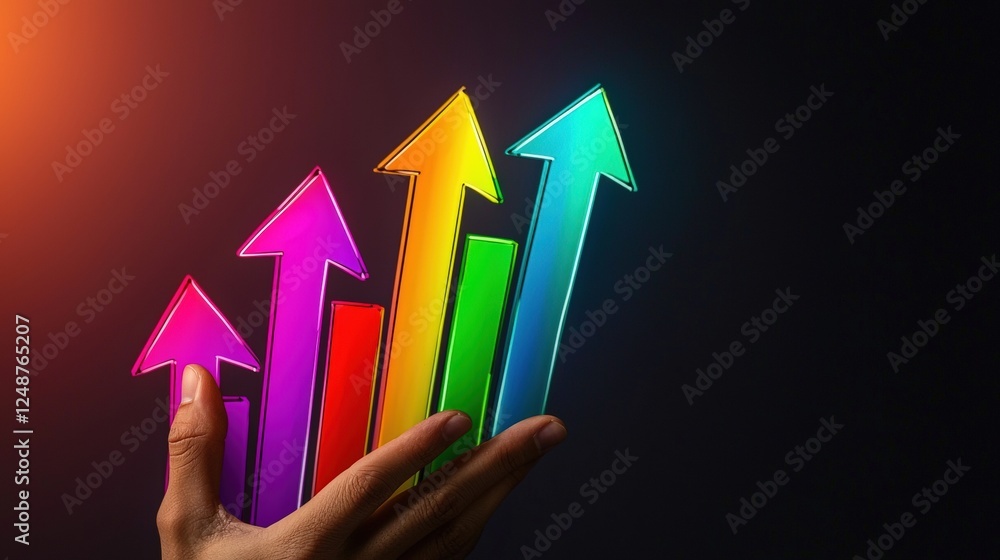 Poster hand holding colorful virtual graph showing growth in robotics industry with bright arrows represent