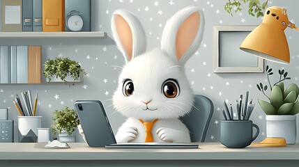 Cute bunny works from home office, stars background