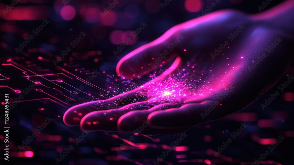 Aufkleber futuristic hand holding virtual graphics of quantum computing technologies in a modern digital envir