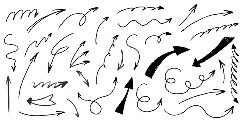 Arrow sketch with texture crayon chalk. Scribble hand drawn set arrow and underline black on white background. Underline crayon chalk set, Vector illustration