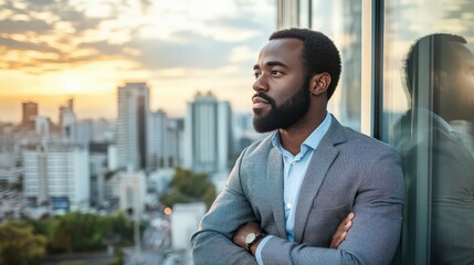 Fototapeta premium A corporate businessman standing near a glass wall, overlooking the city, deep in thought about future opportunities