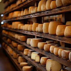 Fototapeta premium Käse, Laibe im Regal, Reifung