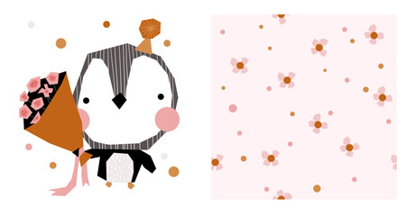 Cute penguin seamless pattern scandinavian kid simple abstract floral background textile apparel art.