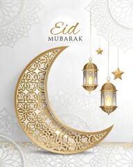 A decorative illustration for Eid Mubarak.  A large, ornate crescent moon,