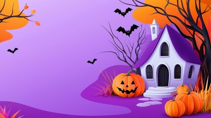 Fototapeta premium Spooky Halloween scene with pumpkins and bats.