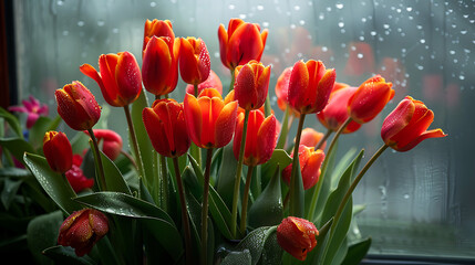 A bouquet of fiery red and orange tulips in a storm lit greenhouse