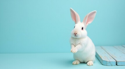Obraz premium Cute White Rabbit in Pastel Blue Background.