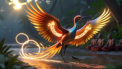 Majestic Sunbittern Spirit Dancing Gracefully with Celestial Sigils Glowing on Wings Amid Sacred Riverbank and Morning Light