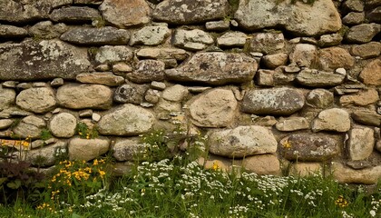 A detailed view of an old stone wall in high resolution, highlighting its aged surface, uneven patterns, and timeless character