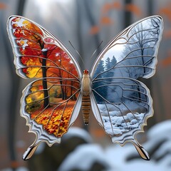 Stunning Close-Up of Butterfly with One Wing Representing Fiery Autumn Foliage and the Other Portraying a Frozen Winter Landscape