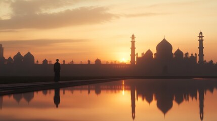 Naklejka premium Silhouette of man at sunrise, city reflection in water